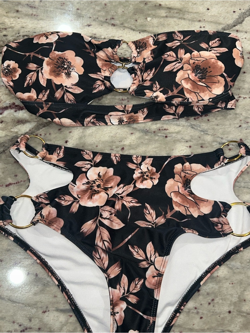 SHEIN Black & Blush Floral Ring-Accent Bandeau Bikini